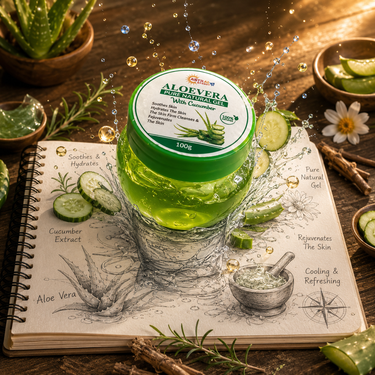 Astral Street Aloe Vera Pure Natural Gel for Face, Skin & Body | Lightweight Hydrating Gel | 100g