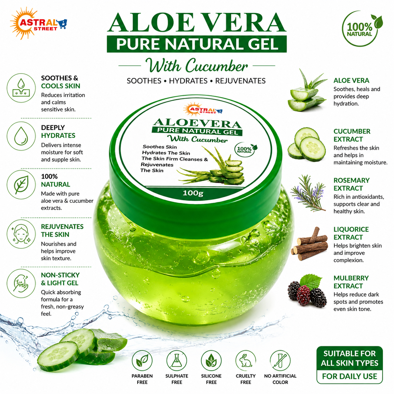 Astral Street Aloe Vera Pure Natural Gel for Face, Skin & Body | Lightweight Hydrating Gel | 100g