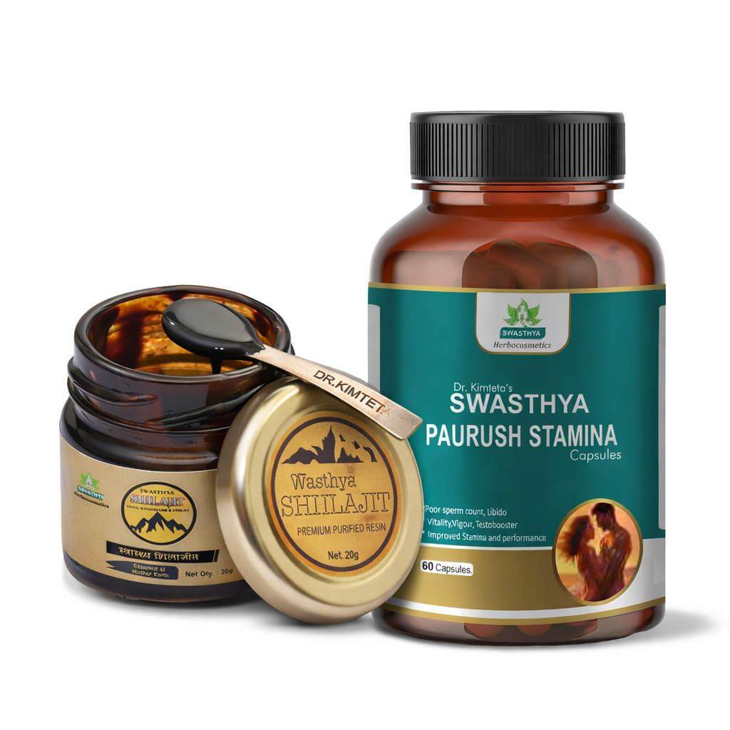 Swasthya Men’s Wellness Combo | Shilajit Resin (20g) + Paurush Stamina Capsules (60 Capsules) | Ayurvedic Herbal Supplement Pack