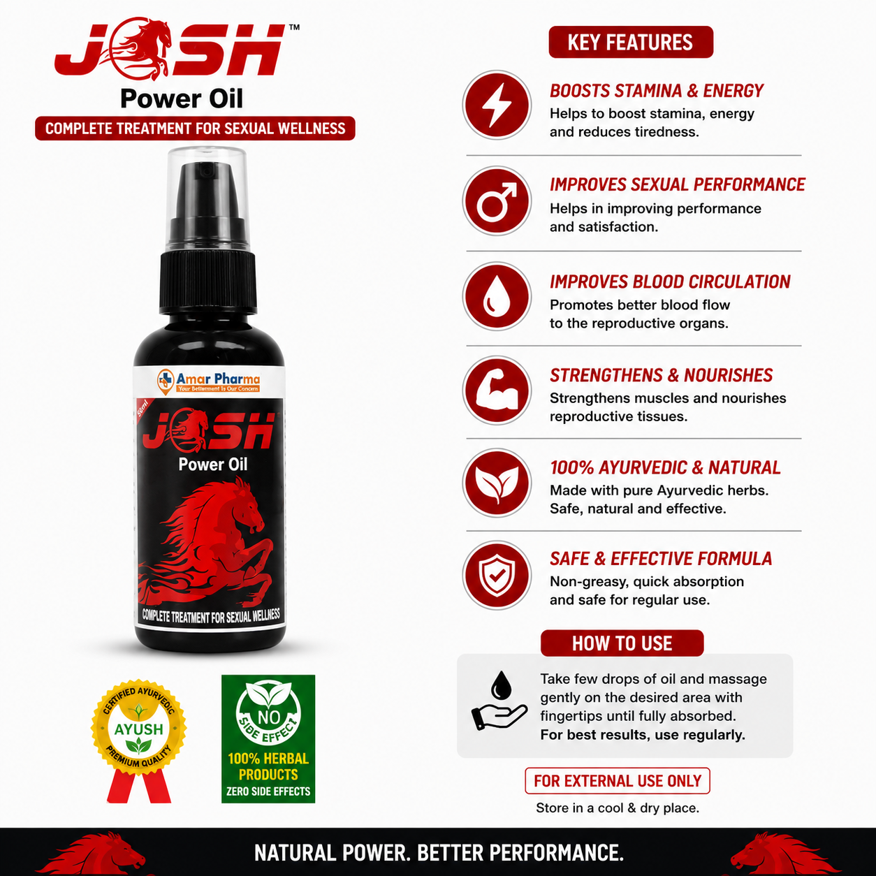 JOSH Power Oil | Herbal Massage Oil for Men | External Use