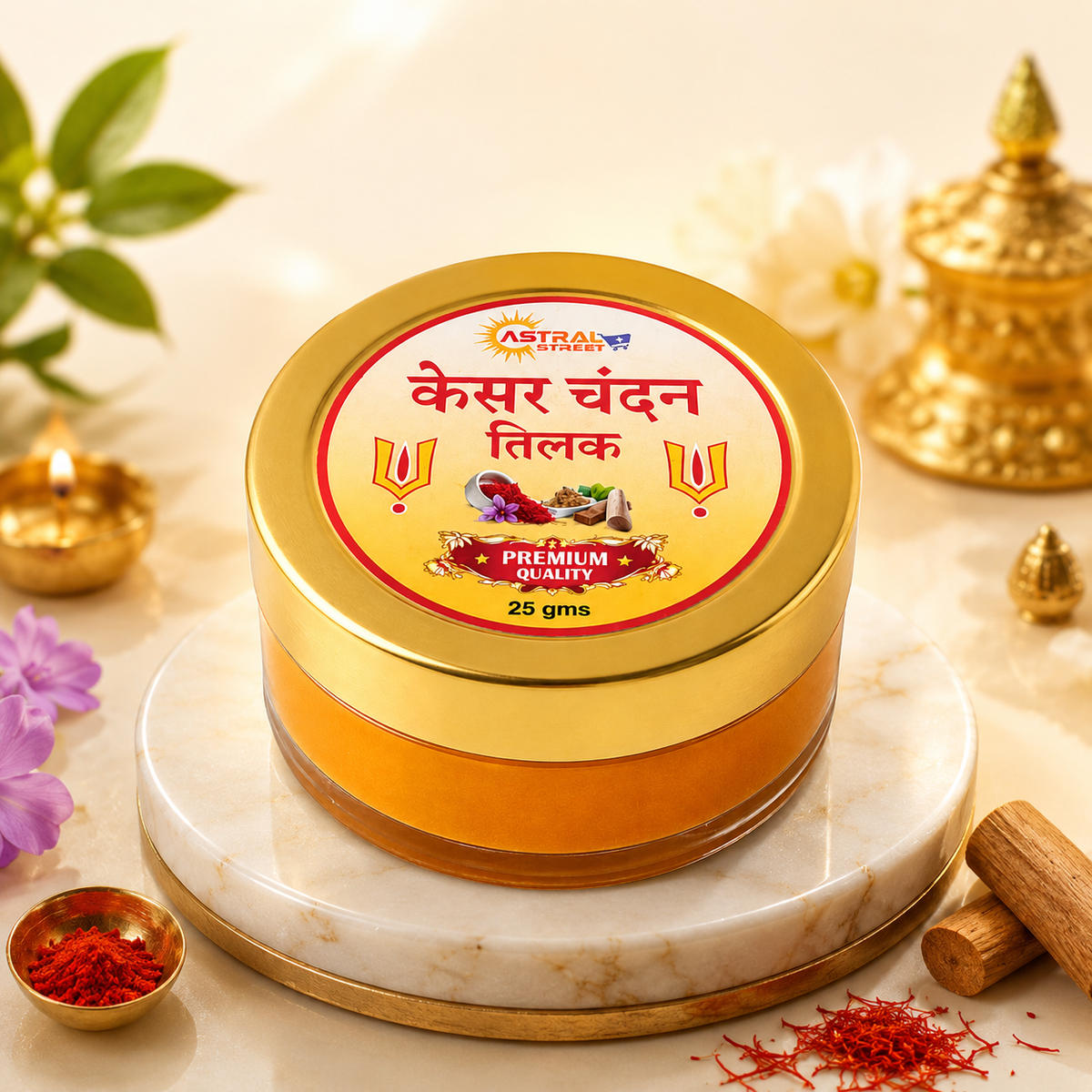 Astral Street Kesar Chandan Tilak – Premium Saffron & Sandalwood Tilak for Puja, Pooja & Daily Use | Pack of 4 x 25g
