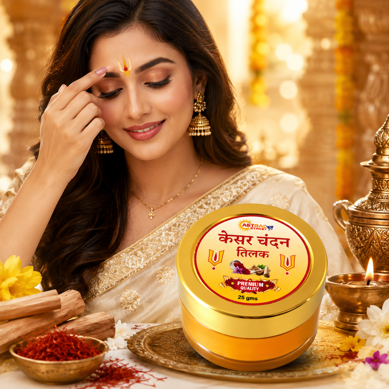 Astral Street Kesar Chandan Tilak – Premium Saffron & Sandalwood Tilak for Puja, Pooja & Daily Use | Pack of 4 x 25g