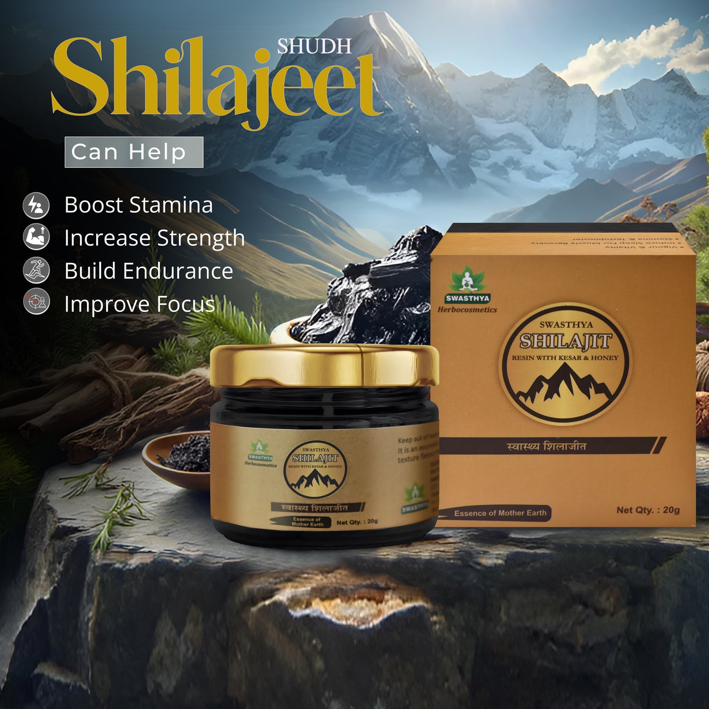 Swasthya Men’s Wellness Combo | Shilajit Resin (20g) + Paurush Stamina Capsules (60 Capsules) | Ayurvedic Herbal Supplement Pack