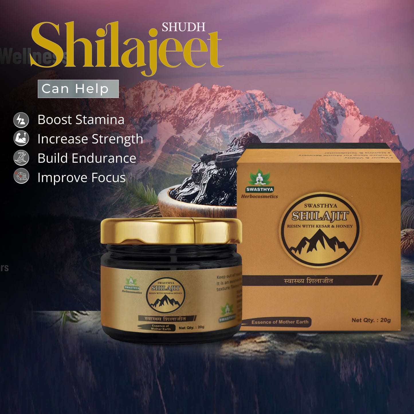 Swasthya Men’s Wellness Combo | Shilajit Resin (20g) + Paurush Stamina Capsules (60 Capsules) | Ayurvedic Herbal Supplement Pack